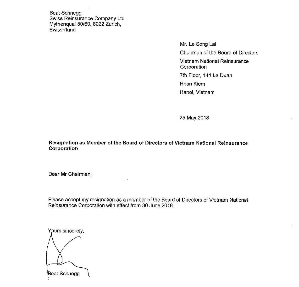 Resignation From Board Of Directors Letter from vinare.com.vn